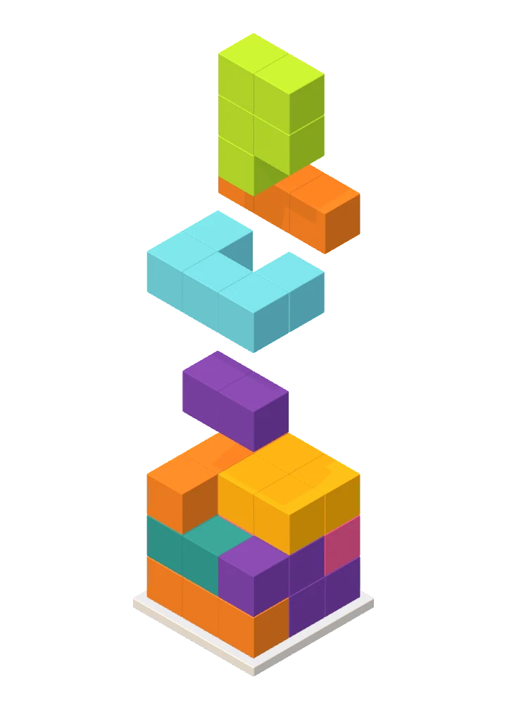 A falling piece above a three-dimensional tower, rendered by BLOXFALL’s game engine